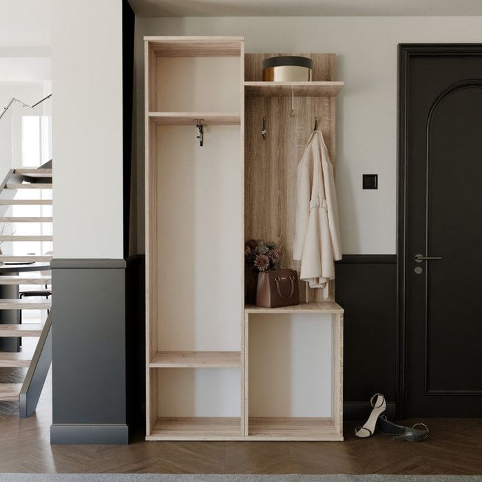 LEA Kleiderschrank mit Spiegel – Garderobenständer mit Haken und Schublade – Sonoma-Eiche – 97 x 30 x 195 cm