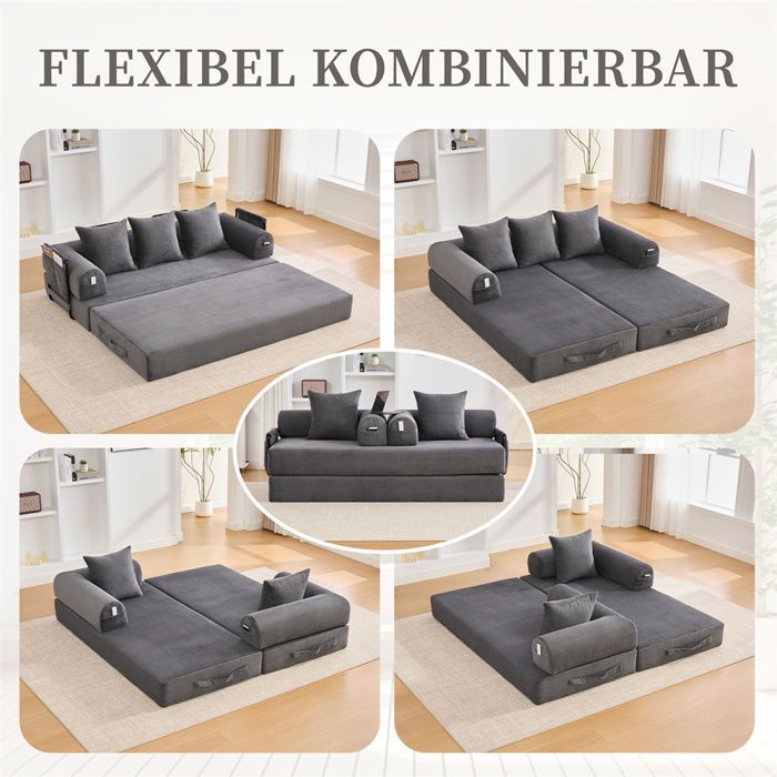 DRIPEX 4-in-1 Faltsofa, 3-Sitzer-Modulsofa mit Metallrahmen, Seitentaschen und 3 Kissen, Grau
