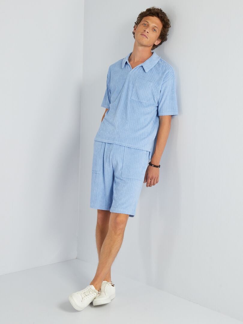 Camisa polo canelada em tecido atoalhado - AZUL
