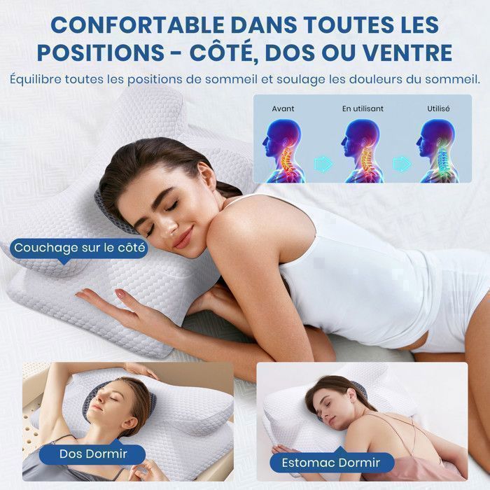 Almohada cervical ergonómica de espuma viscoelástica, antiácaros, 60 x 34 x 10/13 cm, blanca.