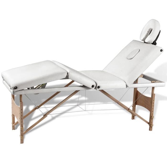 Camilla de masaje plegable vidaXL, color blanco crema, 4 secciones con estructura de madera.