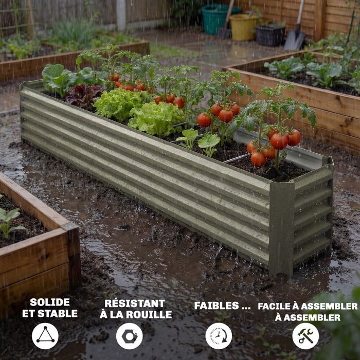 Carré potager - Outsunny - barres de soutien et plaques d'angle - fond ouvert - en acier galvanisé - 240 x 40 x 45 cm - gris argenté