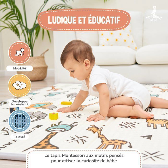 Tappetino da gioco pieghevole, reversibile e impermeabile - 200x180x1,5 cm | Tappetino da gioco in schiuma per bambini - VOLPE | SUPERBE BABE
