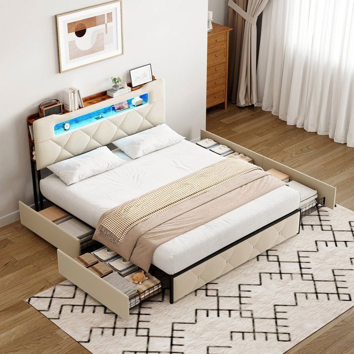 Complete slaapkamerinrichting voor volwassenen, bestaande uit een bedframe van 160x200 cm, een tweepersoonsbed, een opbergbed van 160x200 cm, een LED-bed van 160x200 cm, een USB-poort, opbergruimte, LED-verlichting, 4 lades, fluweel en beige.