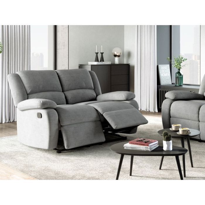 Sofá reclinable de 2 plazas LEO en microfibra - Gris - 143 x 93 x 96 cm - LOUNGITUDE