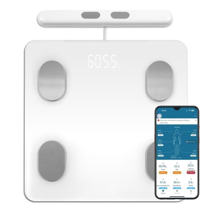 Báscula de composición corporal conectada LIVOO DOM531W - 15 indicadores - Peso máximo 180 kg - 16 perfiles - LED - Blanca
