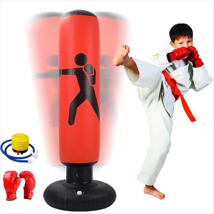 Saco de boxeo infantil, saco de boxeo inflable de 160 cm para niños, con bomba de aire y guantes de boxeo para kárate y kickboxing.