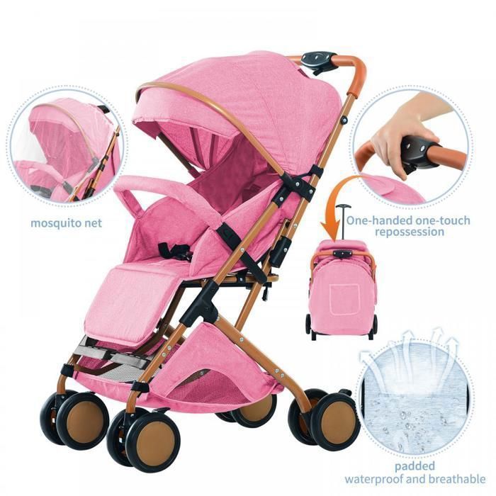 Cochecito MIPAN ligero y compacto - Cochecito de viaje plegable - Reclinable - Con capota y mosquitera + arnés de 5 puntos - Rosa