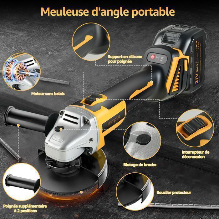 Amoladora angular eléctrica inalámbrica de 125 mm - Amoladora de disco sin escobillas de 21 V - 3 velocidades - 2 baterías de 3 Ah - Incluye 4 discos de amolar