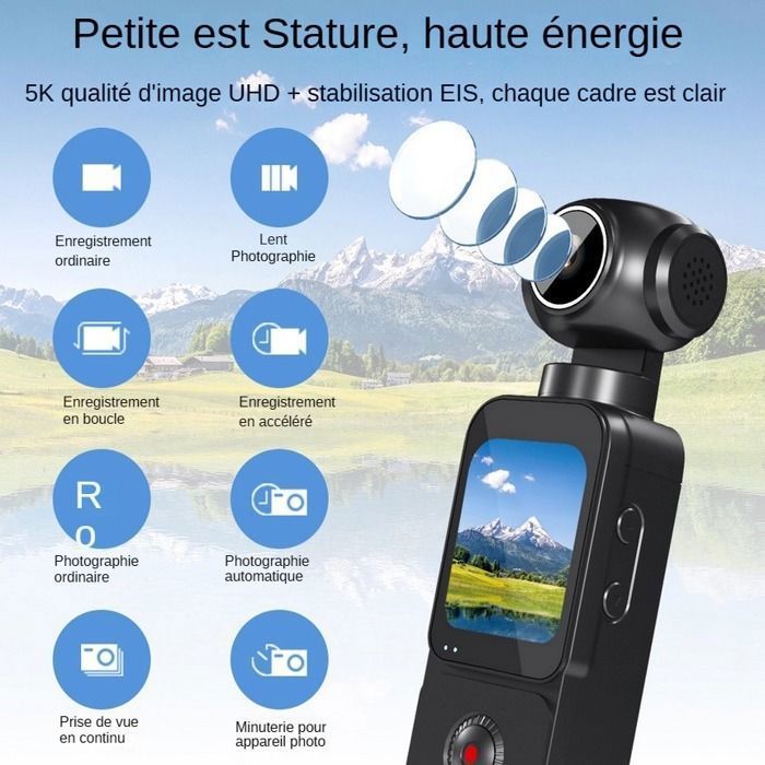5K UHD Action Camera - Vlogging Video Camera - 270° Rotating Lens, 64GB - WiFi, 1.69