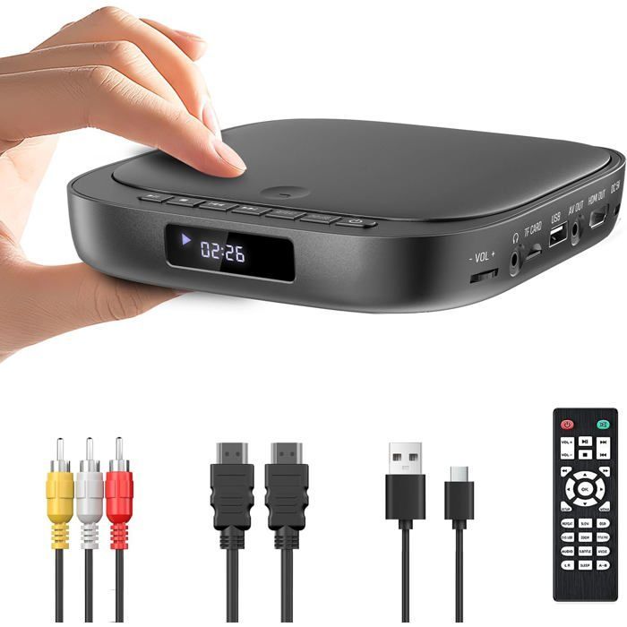 Reproductor de DVD para TV con entrada USB/TF, HDMI integrado, PAL/NTSC, multizona, cable HDMI/RCA, función de memoria.