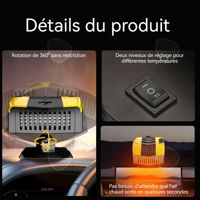 Chauffage de voiture 16x9,8x8cm 150 W 12V ABS Chauffage rapide Dégivrage Désembuage Thermostat intelligent Économies d'énergie