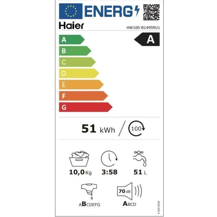 Lave-linge hublot HAIER HW100-B14959U1FR IPRO5 - 10kg - Direct Motion - 1400 trs/min - Classe A - Blanc