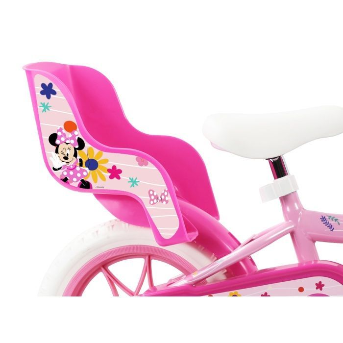 Vélo enfant 12'' Minnie / Disney Fille ( taille < 90/95 cm ), Rose & Blanc, équipé d'un porte-poupée, panier avant + Casque Minnie !