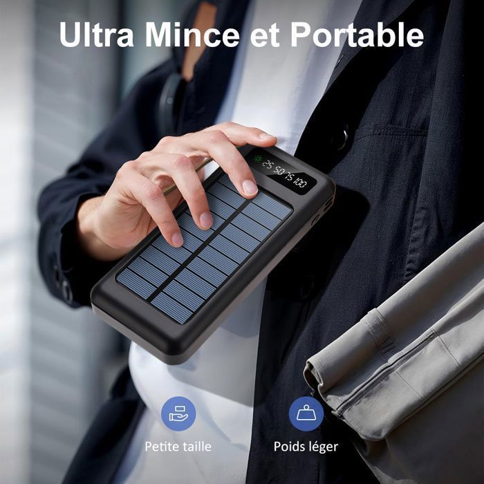 Cargador solar Power Bank de 20000 mAh con 4 cables integrados, 6 salidas y 3 entradas, pantalla LED y lámpara.