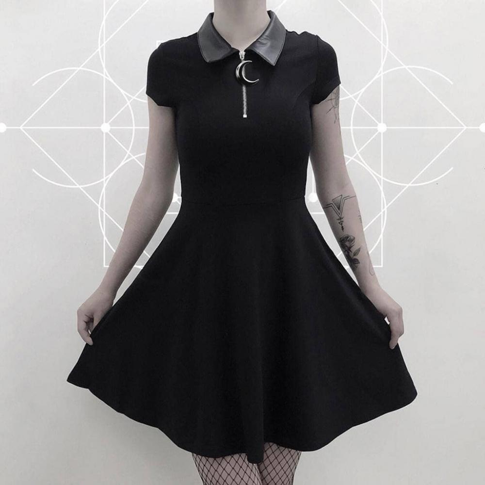 Mini abito gotico da donna, abito estivo nero street punk con cerniera, stile preppy, ragazza elegante, gotico, abiti casual a camicia plissettata