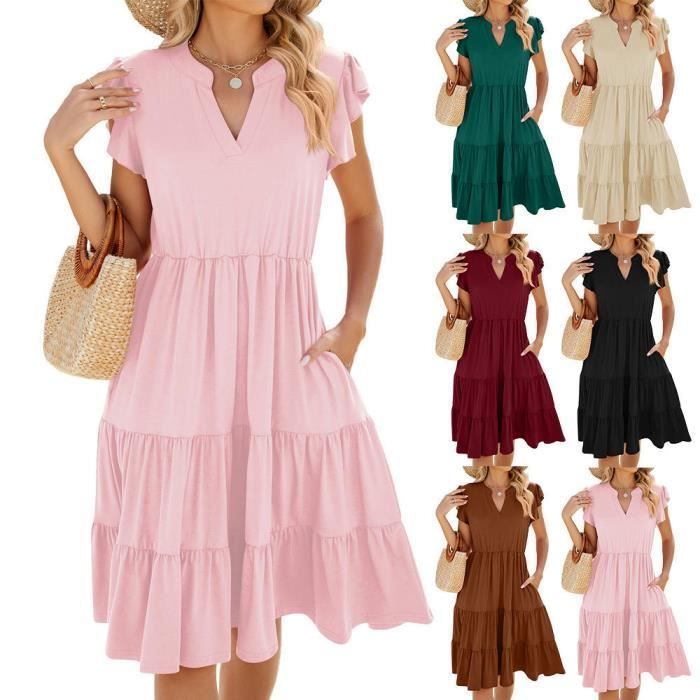 Robe Femme Été Mi-Longue Col V Manches Courtes Volantée Plissé Avec Poches Robe Elegant Couleur Unie - Taille EU - Beige