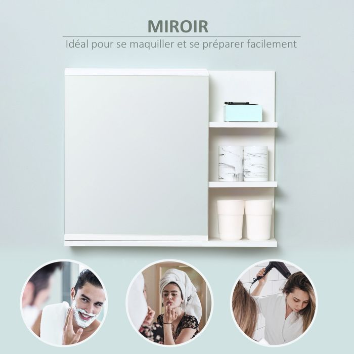 Armoire miroir - kleankin - salle de bain avec étagère 3 étagères latérales rangement - bois - blanc