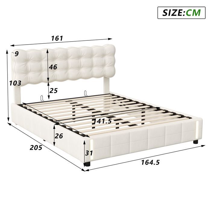 Letto matrimoniale 160x200 cm con contenitore, letto contenitore con illuminazione a LED, letto imbottito con rete a doghe, letto per adulti, velluto, beige