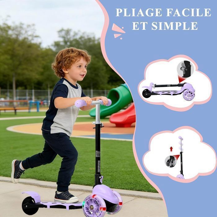 Folding Scooter with 3 LED Light-Up Wheels for Children 2 to 5 Years Old, 3-Level Height-Adjustable Handlebar, Purple