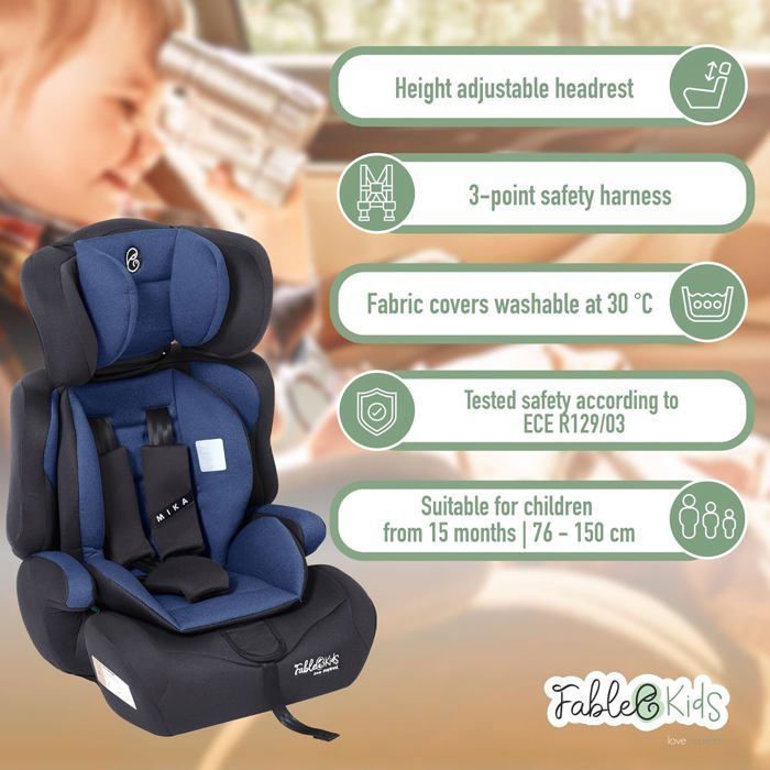 FableKids Siège auto pour enfants | Ceinture de sécurité à 3 points | Siège auto pour enfants 76-150 cm | Bleu