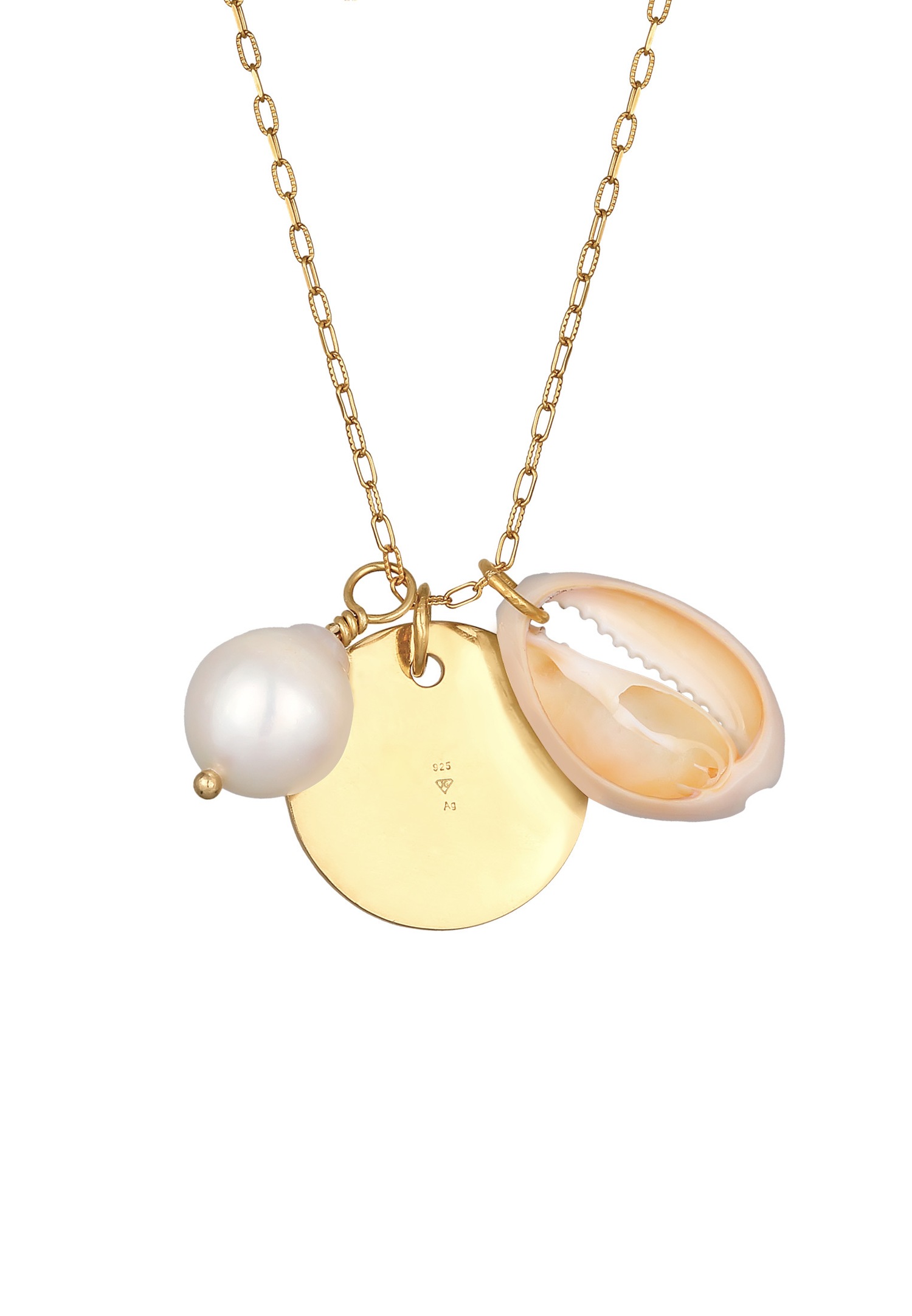 Elli PREMIUM Femmess Pendentif plaque structurée avec Perle de Culture d'Eau Douce et coquillage cauri en argent sterling 925
