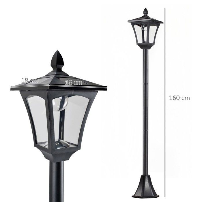 Farol solar de jardín negro de 160 cm - Luz LED de camino de 40 lúmenes - Iluminación decorativa exterior autónoma