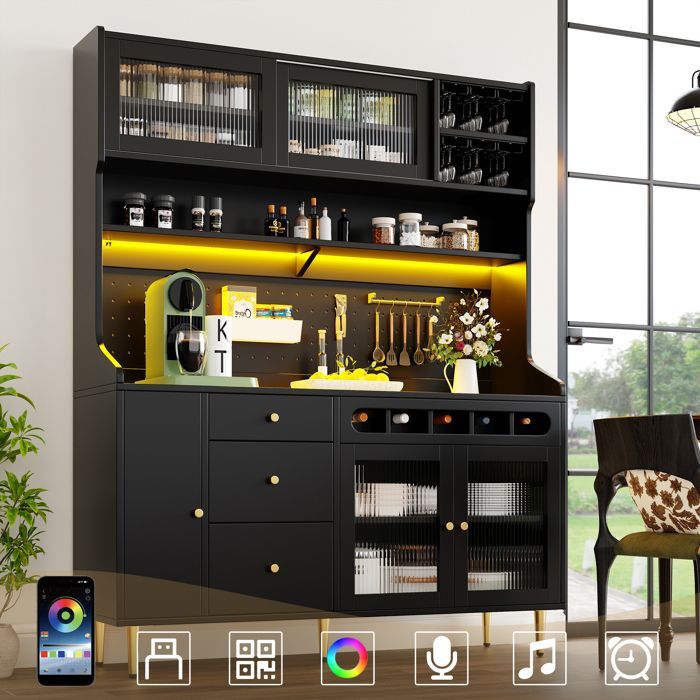 Aparador moderno, mueble de cocina con estantes ajustables, mueble alto para salón, equipado con iluminación LED, 145×39×171 cm, negro.