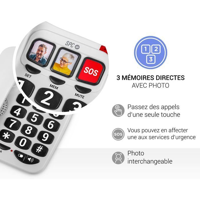 Telefono fisso pensato per gli anziani - SUTEO - Tasti grandi - 3 memorie di chiamata rapida con foto - Volume extra alto