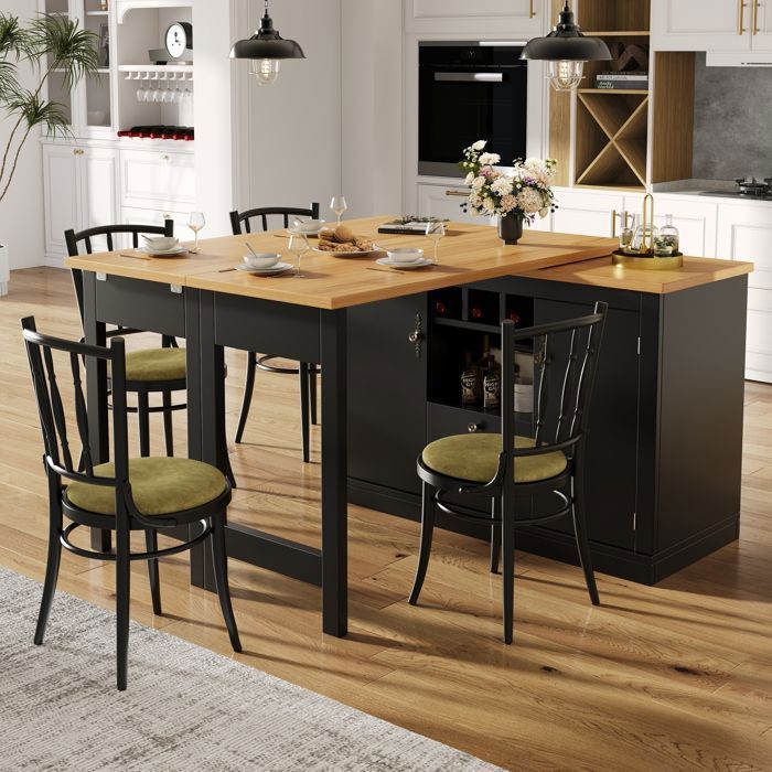 Îlot de Cuisine Extensible Noir 120-180 cm avec Rangement et Porte-Bouteilles, Table de Repas Pivotante 360°, Table Haute