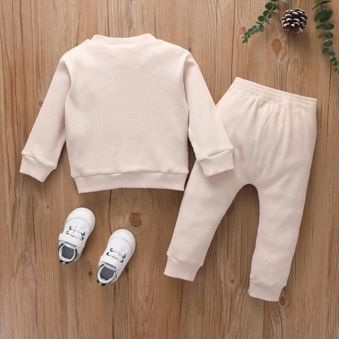 Conjunto de ropa de otoño para niños y niñas: Sudadera de manga larga con oso bordado + Pantalones largos, color blanco.
