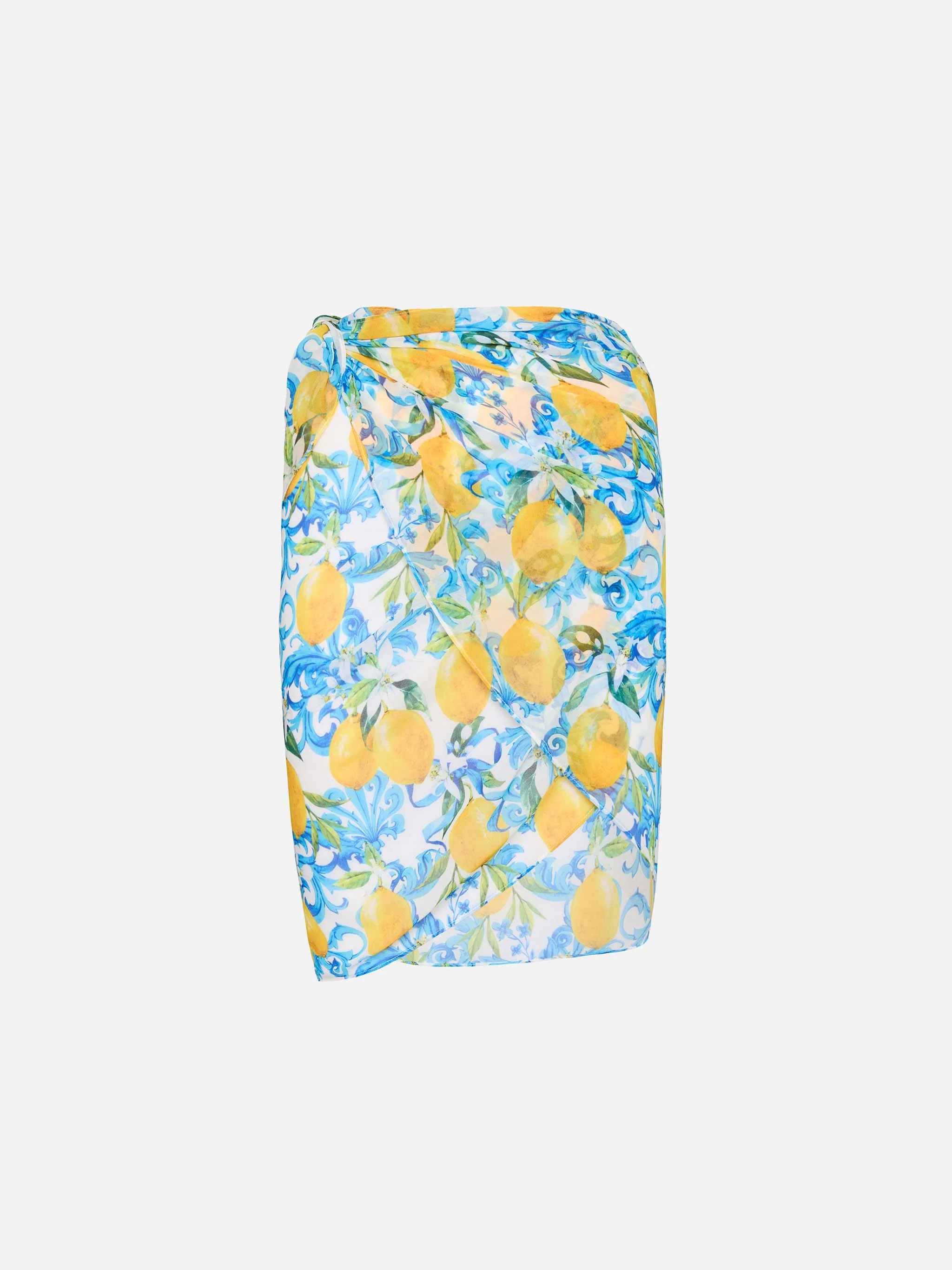 Zeer korte pareo van bruine georgette met majolica-print.