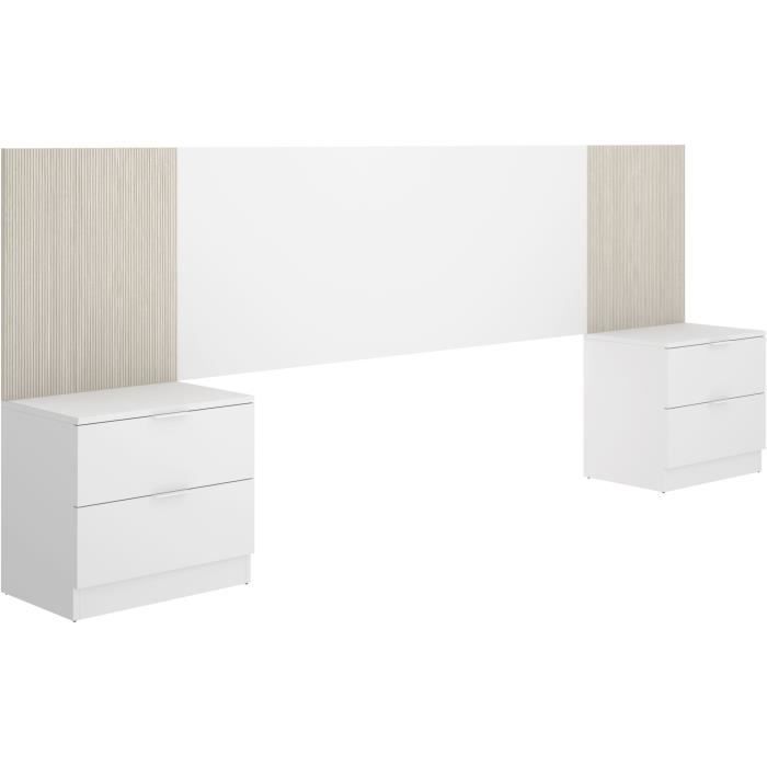 Tête de lit avec chevets intégrés - LOMA - Blanc / Bois - 258,6 x 34,2 x 106 cm