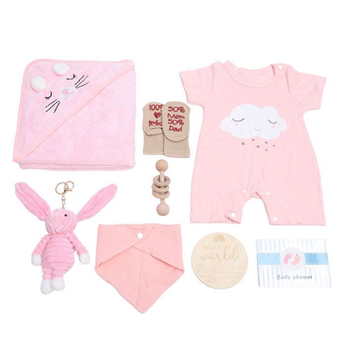 Cesto regalo per baby shower SALALIS, cesto regalo per baby shower con vestiti, bambola di legno, set per la cameretta, rosa