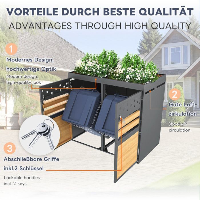 Cache Poubelle Extérieur - 4x120-240L - Acier Galvanisé - Toit Plantable - Anti-Rouille