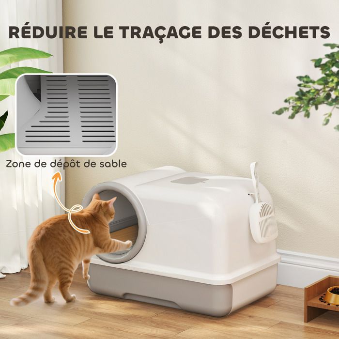 Large enclosed PP litter box, cat toilet for large cats, with lid and scoop, 59 x 39.5 x 39.5 cm, light grey