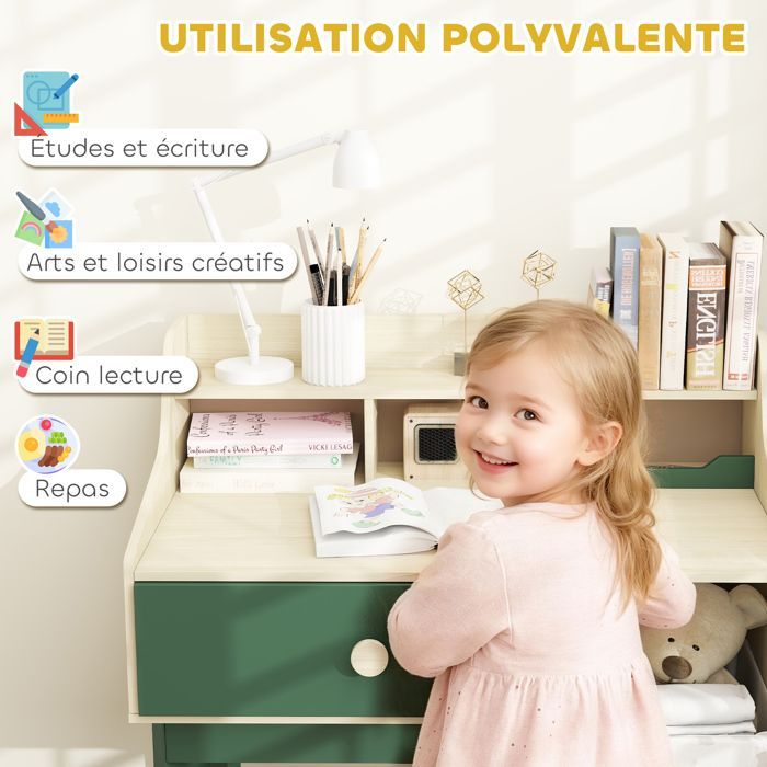 Conjunto de escritorio y silla infantil AIYAPLAY - Estantes y cajón - Muebles para niños de 3 a 10 años - Verde