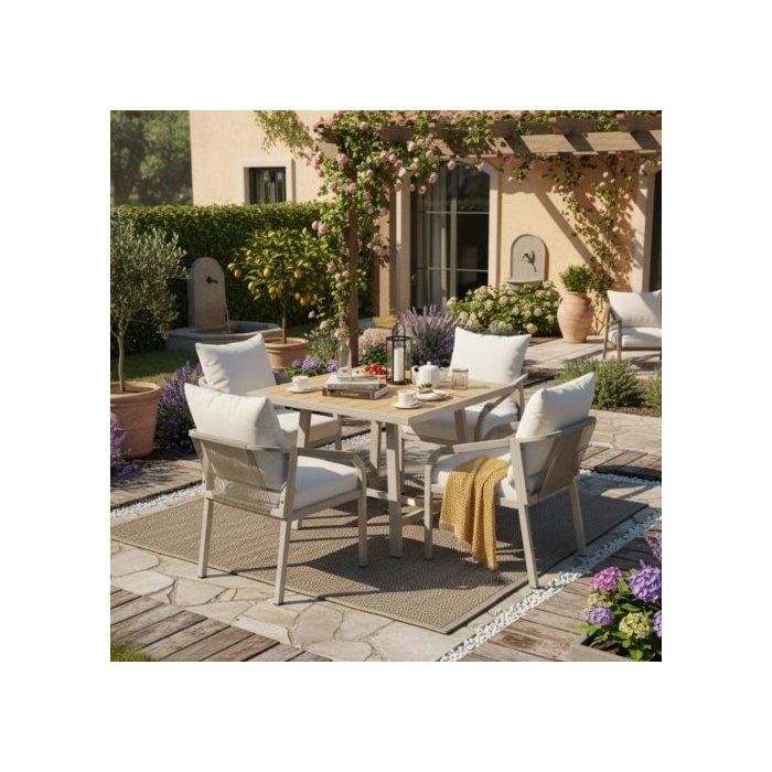 Conjunto de mesa e cadeiras para jardim - Conjunto de jantar para exterior com mesa e 4 cadeiras com tampo em imitação de madeira e encosto em corda.