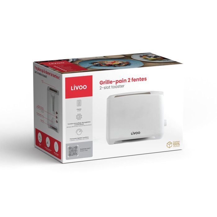 Grille-pain 2 fentes - LIVOO - DOD162W - 750 W - Thermostat réglable : 7 niveaux - Blanc