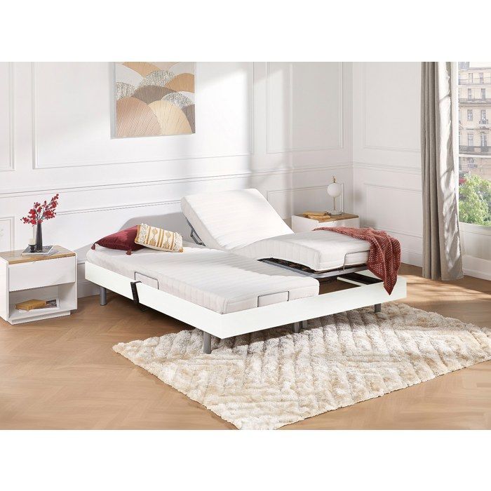 Cama de relajación eléctrica YSMÉE CASSIOPEE III con base de muelles y colchón de látex - 2 x 90 x 200 cm - Blanca