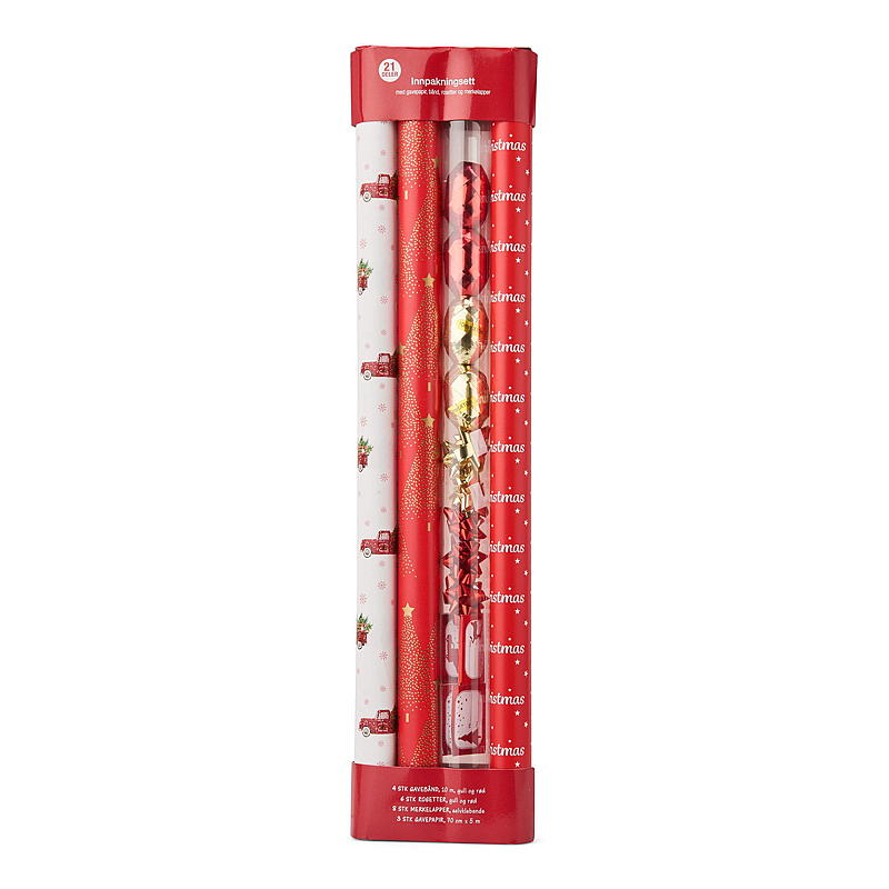 Geschenkset für Zuhause mit Weihnachtspapier, Schleifen und Accessoires