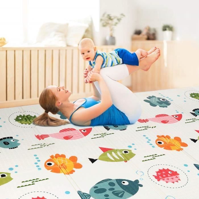 Faltbare Babyspielmatte 200 x 180 x 1,5 cm mit Fisch- und Weltkartenmotiv, beidseitig rutschfest