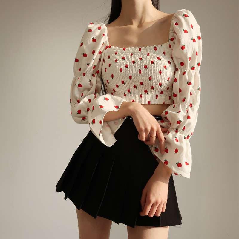 Blusa francesa retro con cuello cuadrado, cintura alta, estampado de fresas, manga corta abullonada, manga larga, para mujer, verano, oferta especial 2020