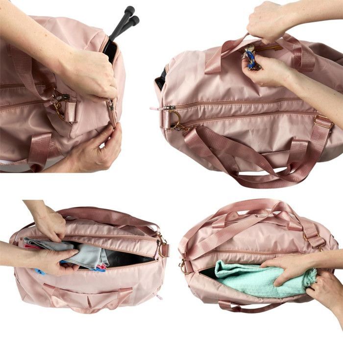 Bolsa deportiva rosa de 49 cm con múltiples compartimentos.