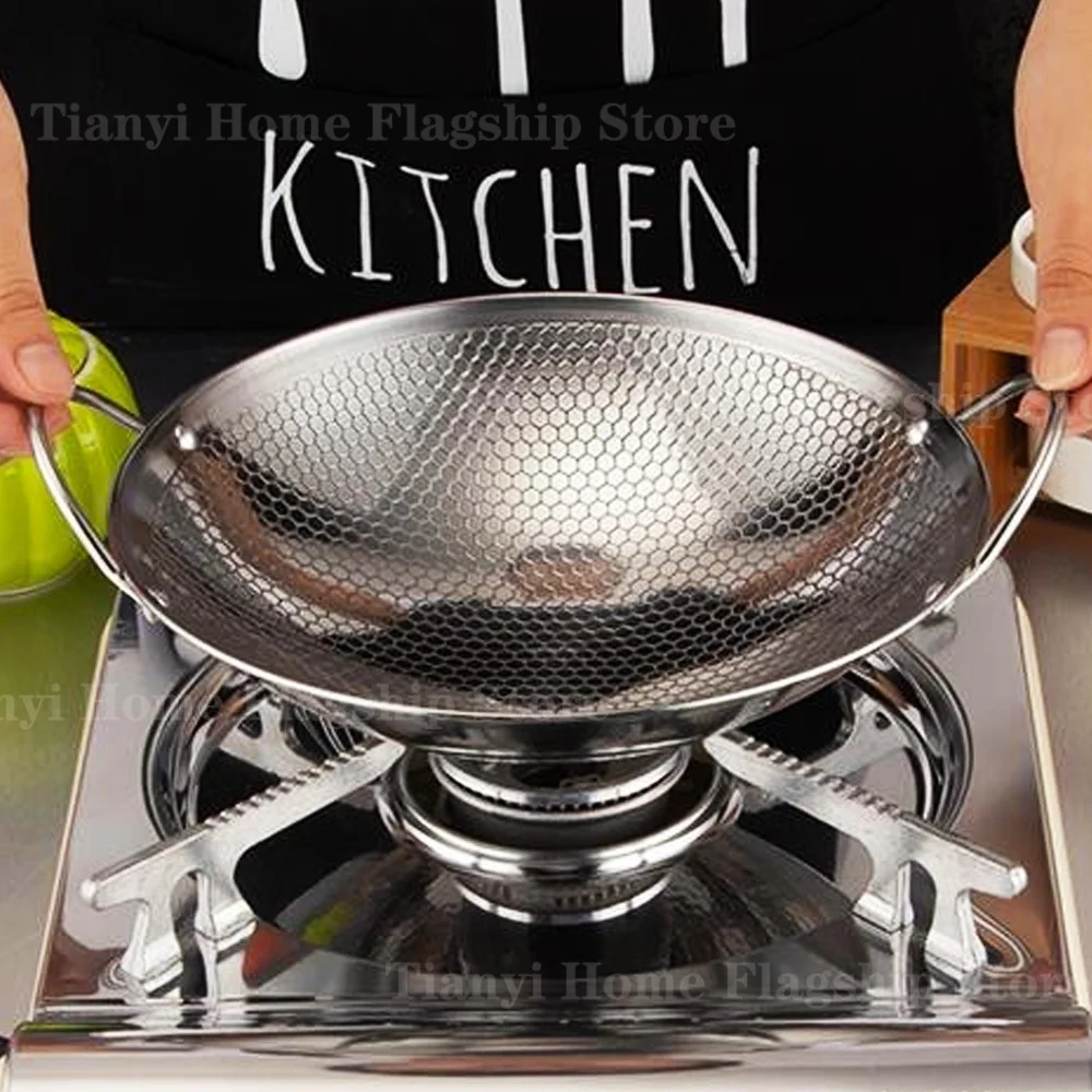 Poêle à frire antiadhésive en acier inoxydable de 25 cm, type wok à fruits de mer, avec revêtement nid d'abeille. Idéale pour la cuisine à la maison, avec une plaque de cuisson à gaz.