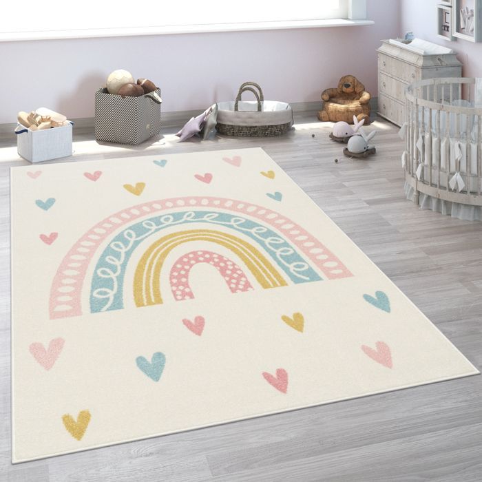 Paco Home Tapis Enfant Tapis Chambre Enfant Fille Garcon Pastel Arc-en-ciel Coeur Crème Crème 120x160 cm