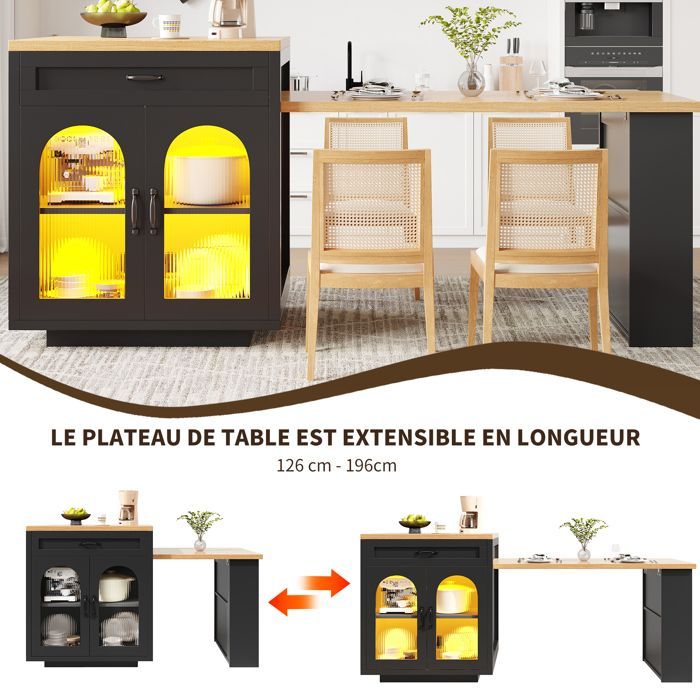 Isla de cocina extensible con iluminación LED RGB, mando a distancia y temporizador, encimera, 2 cajones y puerta, color negro.