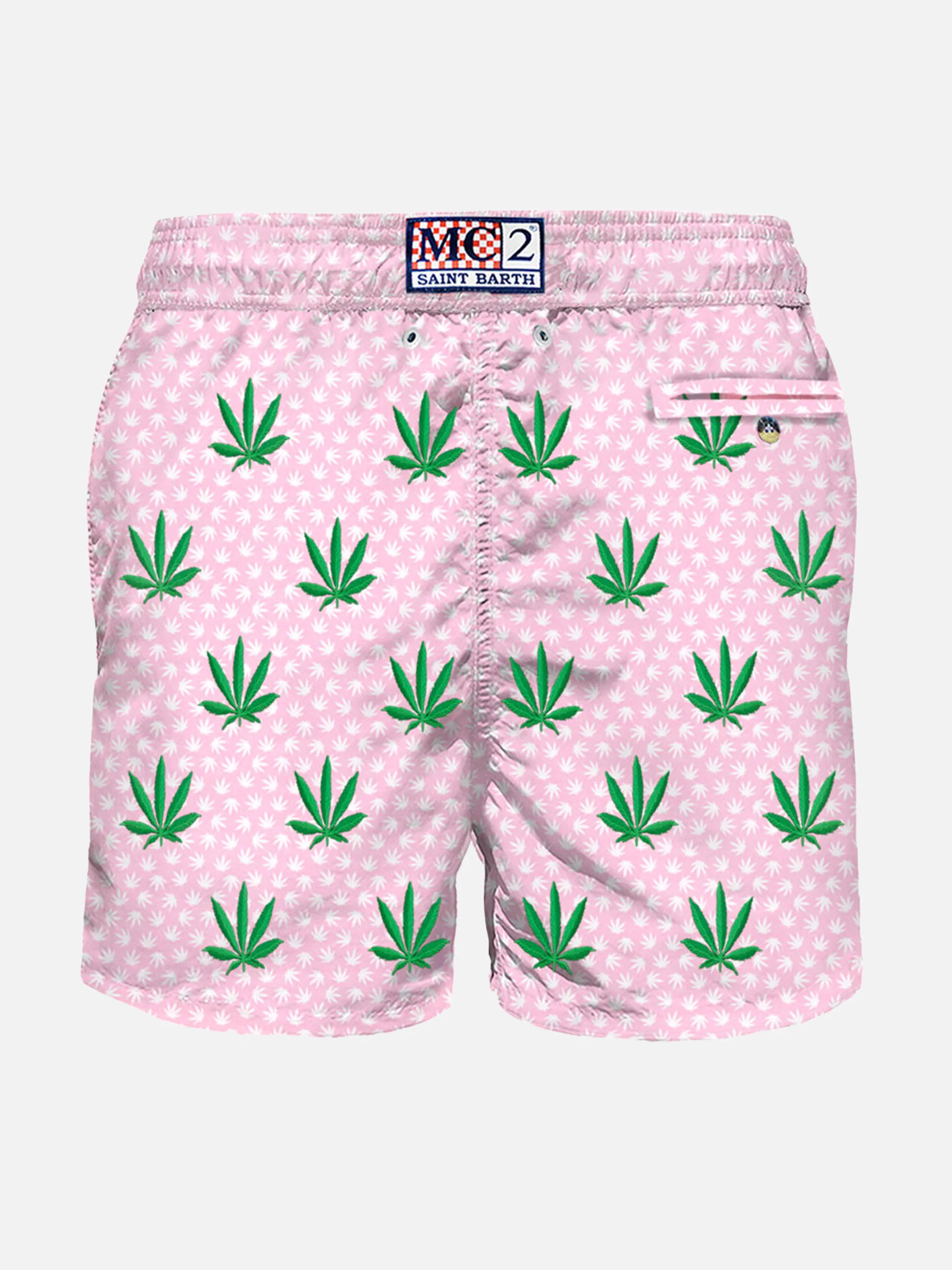 Fato de banho masculino em tecido leve com bordado de folhas