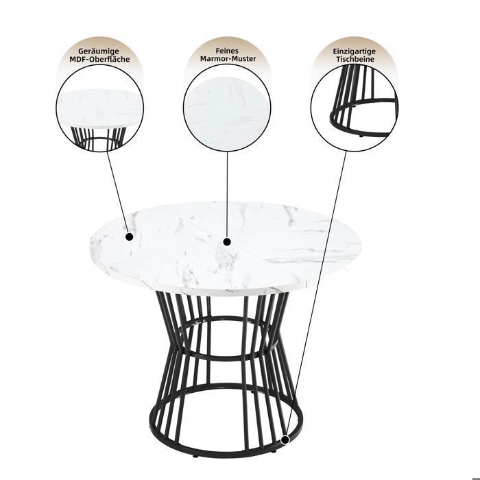 Ensemble table à Manger 5 Pièces - Set de Table et Chaises - Table Ronde Marbre 100cm + 4 Chaises Velours Gris - Moderne et Élégant