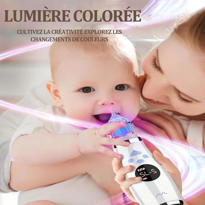 Aspirateu Nasal Électrique Bébé, Mouche Bebe, avec 5 Niveaux d' aspiration, 3 Embouts en Silicone Souple, Musique et Lumière